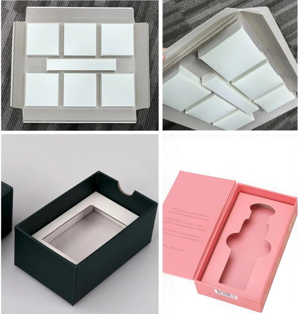 Custom product packaging boxes feature cardboard inserts to protect the products.